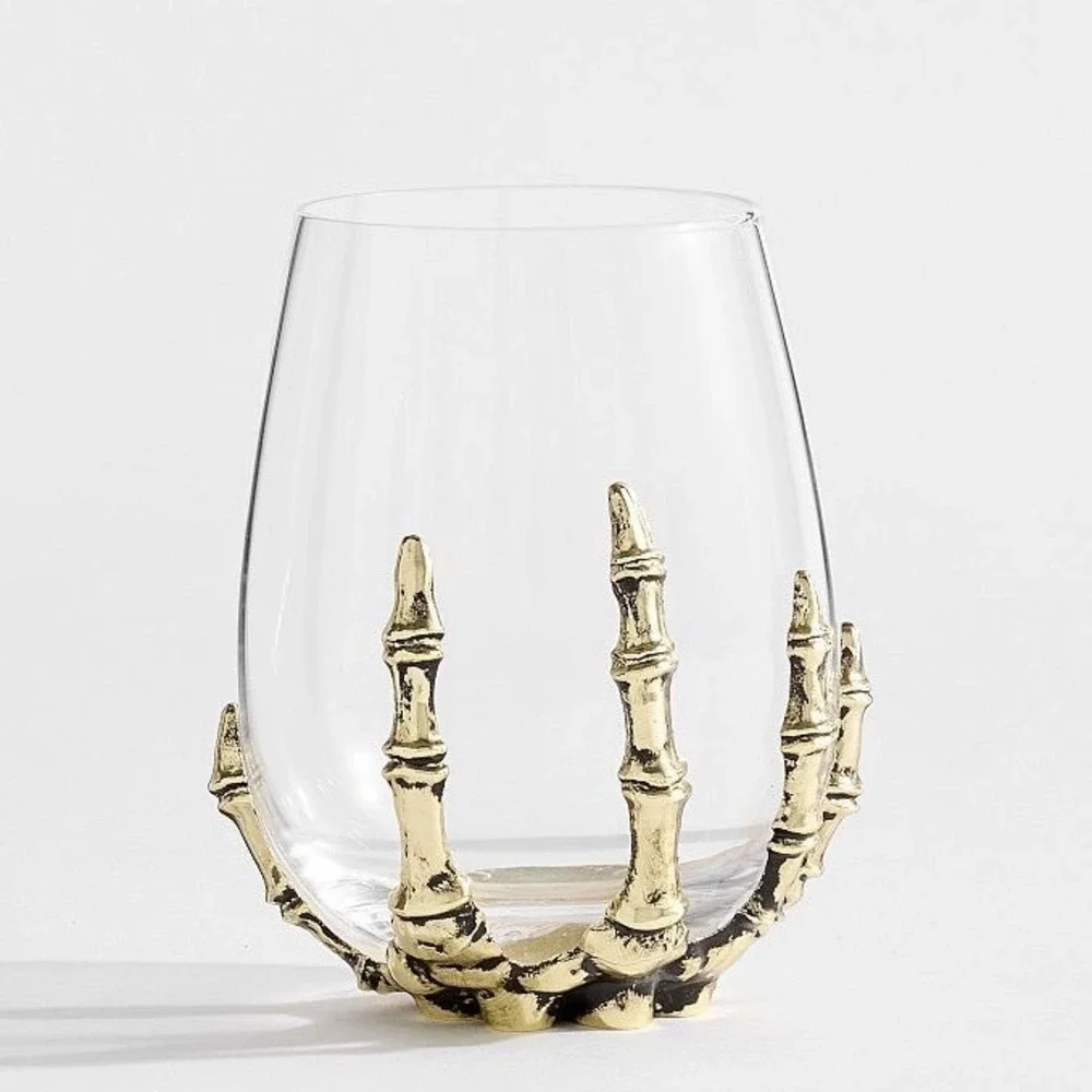 Pottery Barn Brass Skeleton Hand Stemless Wine Glass Halloween Gothic Fast Ship